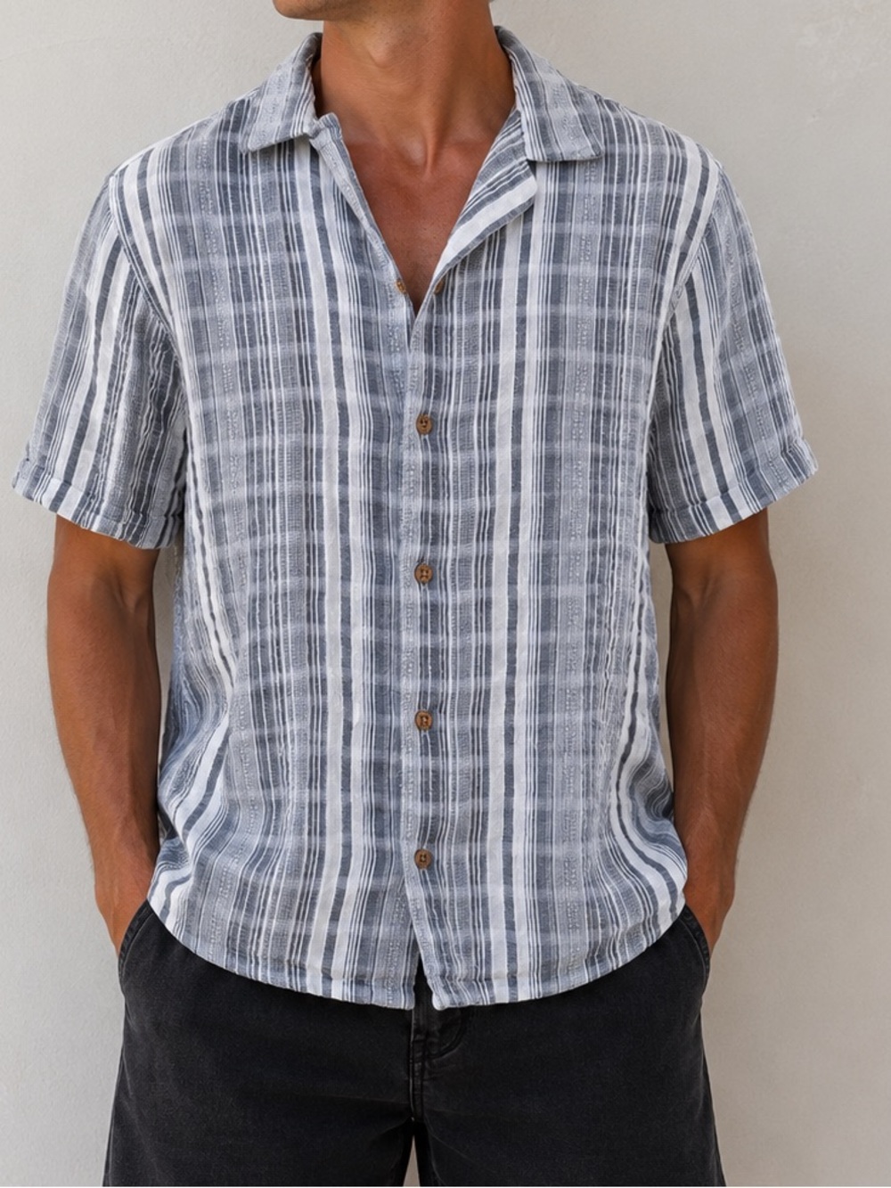 Ben Sherman Blue Gray 100% Cotton Knit Short Sleeve Button Down Medium - Picture 1 of 7